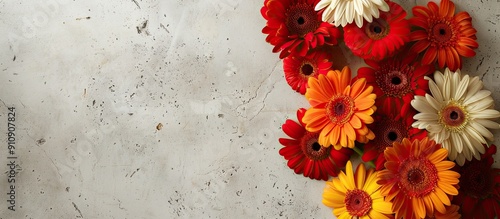 Mock up displaying a vibrant bouquet of gerbera daisies on a white brick backdrop with copy space image