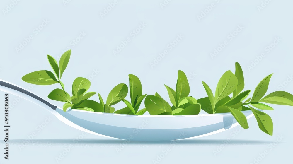 A vibrant spoon holds fresh Stevia leaves, showcasing their lush green color in a modern, cartoonstyle illustration. A vibrant spoon holds fresh Stevia leaves, showcasing their lush green color in a modern, cartoonstyle illustration.