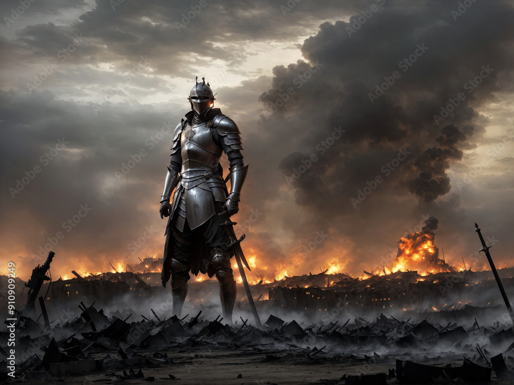 A knight standing in the middle of a battlefield A knight standing in the middle of a battlefield