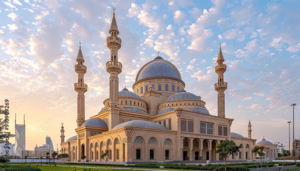 Fototapeta premium An impressive mosque with a magnificent dome and tall minaret against a cloudy sky