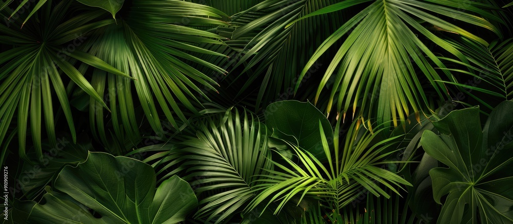 Green palm leaves arranged closely together to form a rich appearance in a copy space image Green palm leaves arranged closely together to form a rich appearance in a copy space image