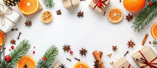 Fototapeta Naklejka Na Ścianę i Meble -  Festive holiday arrangement featuring gift boxes pine cones spices and fruit on a white backdrop perfect for a card or poster with copy space image