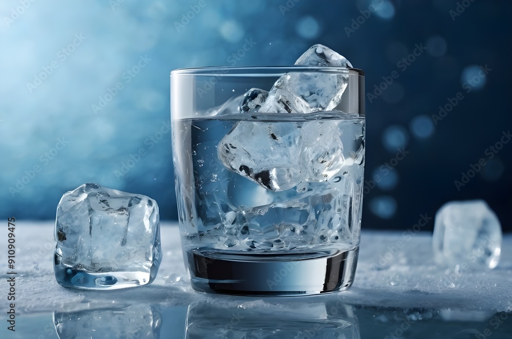 Glass of water with ice, outdoor pool party background Glass of water with ice, outdoor pool party background