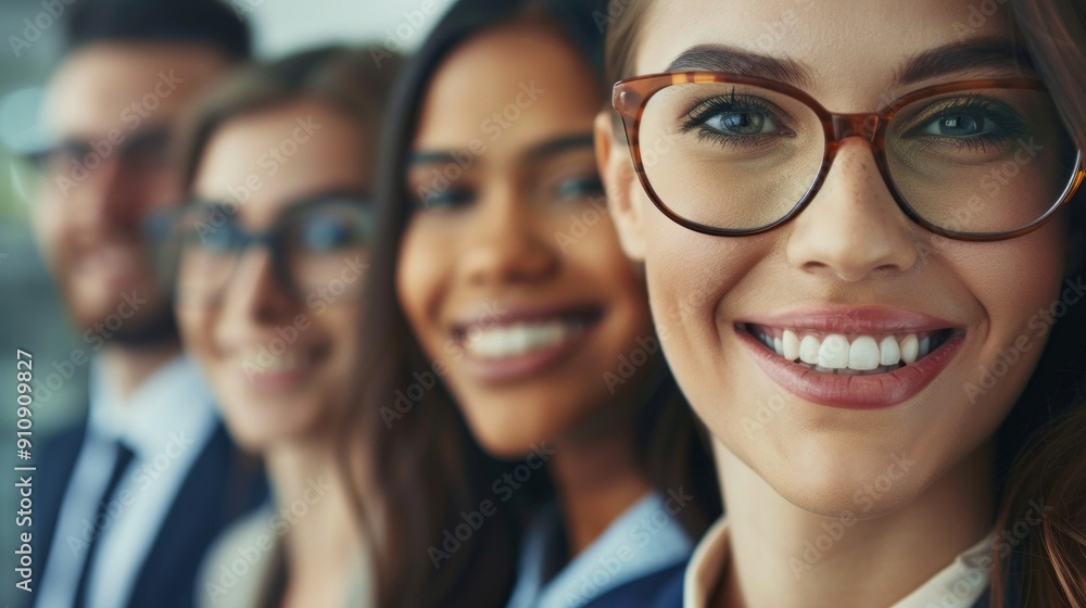 Obraz premium A group of people are smiling and wearing glasses