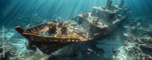 Sunken Treasures: Underwater Shipwreck Discovery, 4K hyperrealistic photo