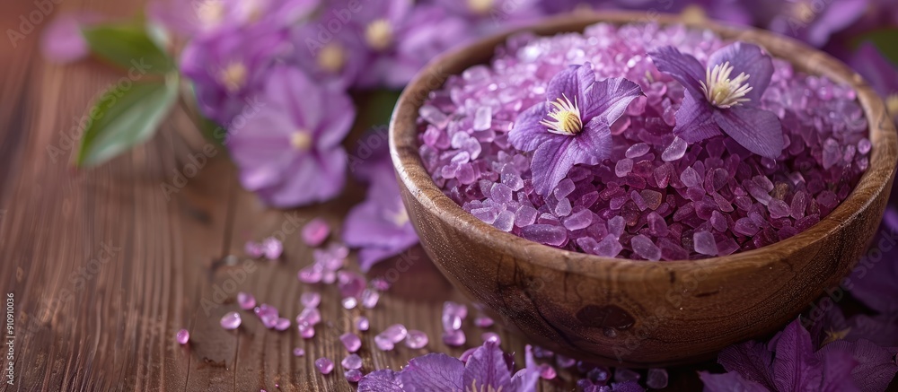 Purple Clematis Spa Salt for Aromatherapy with selective focus ideal for a calming spa experience with copy space image Purple Clematis Spa Salt for Aromatherapy with selective focus ideal for a calming spa experience with copy space image