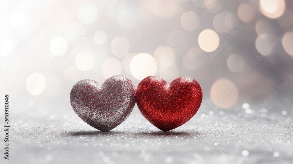 Glittery heart decorations with bokeh lights. Glittery heart decorations with bokeh lights.