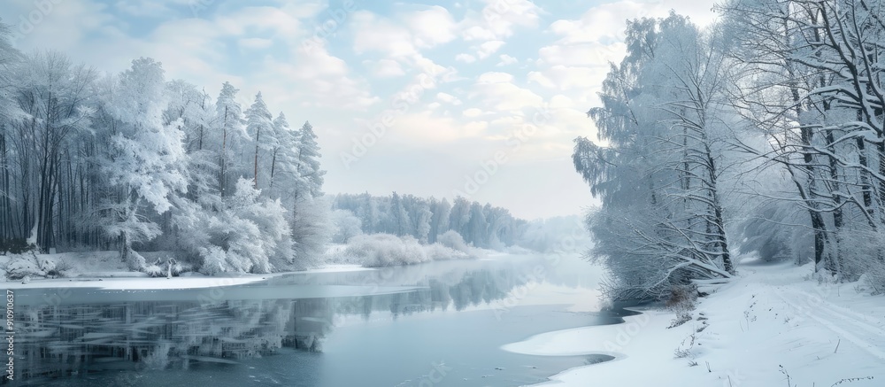 Fototapeta premium Winter landscape with lovely trees and river covered in snow ideal for a copy space image