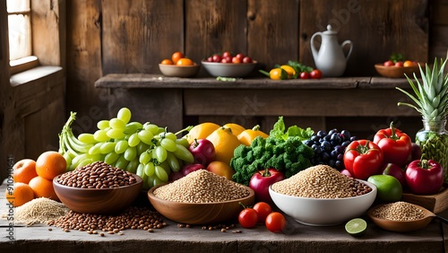 A table full of fruits and vegetables, including apples, oranges, tomatoes photo