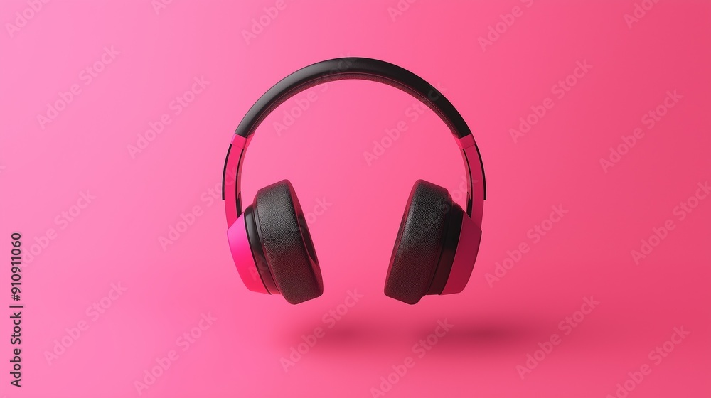 A wireless headphones with a striking pink background. A wireless headphones with a striking pink background.