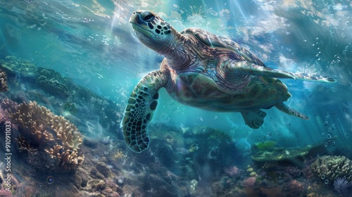 Sea Turtle Gracefully Swimming Through Coral Reef