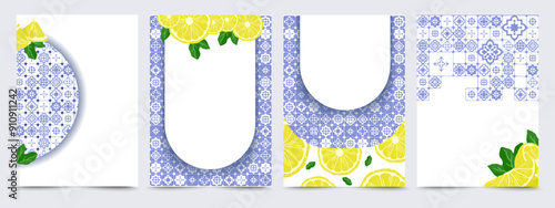 Lemon themed graphic designs with blue Mediterranean tiles on background with copy space. Summer Card and frame set for Invitation, background, pattern, bridal party in Coastal style. poster a4