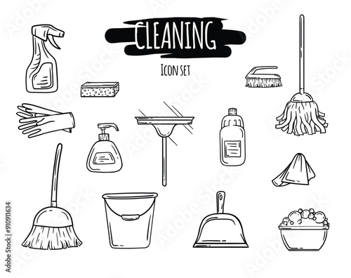 Cleaning icons set. Black and white vector editable illustration of cleaning supplies, tools and items