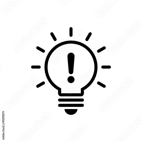 Warning light bulb line icon isolated on white background. Exclamation mark on lamp
