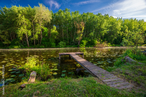 Billede på lærred Fishing pier on the backwater in spring, Gyor, Gyirmot, Hungary