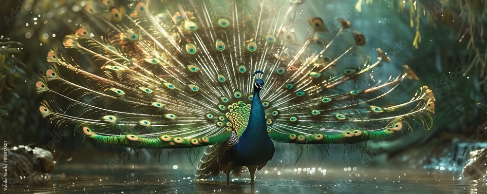 Naklejka premium Regal peacock displaying its vibrant plumage, 4K hyperrealistic photo