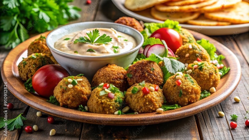 Un plato de falafel con una guarnición de hummus, decorado con hierbas frescas y tomates cherry. Este colorido plato del Medio Oriente es perfecto para los amantes de la cocina vegetariana, ofreciendo Un plato de falafel con una guarnición de hummus, decorado con hierbas frescas y tomates cherry. Este colorido plato del Medio Oriente es perfecto para los amantes de la cocina vegetariana, ofreciendo