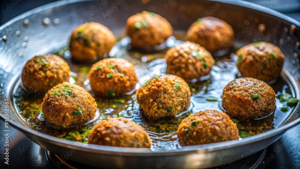 Falafel dorándose uniformemente en una sartén de acero inoxidable, resaltando su textura crujiente y sabor auténtico. Las hierbas frescas y el aceite caliente hacen que este plato sea un favorito en l Falafel dorándose uniformemente en una sartén de acero inoxidable, resaltando su textura crujiente y sabor auténtico. Las hierbas frescas y el aceite caliente hacen que este plato sea un favorito en l