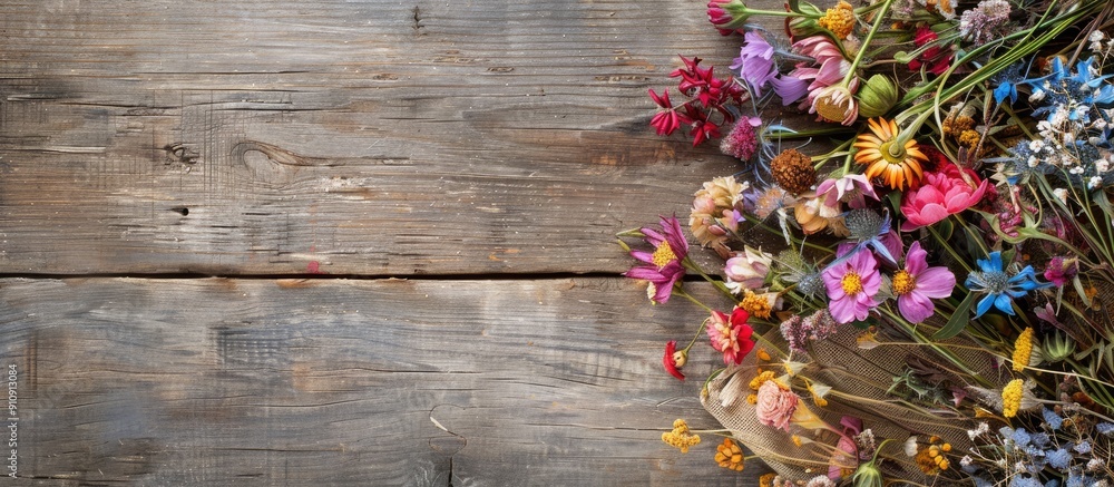 Naklejka premium Dry flowers arranged beautifully on a napkin against a wooden backdrop with space for adding images. Creative banner. Copyspace image