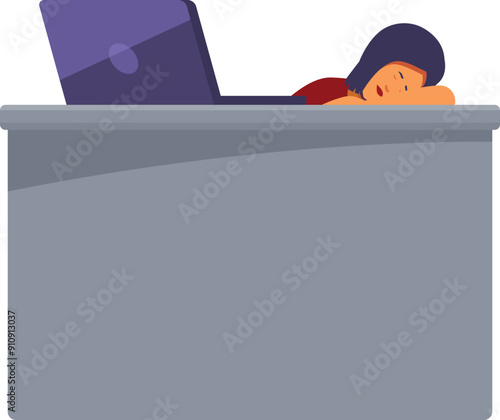Tired businesswoman sleeping on desk after using laptop, office burnout syndrome concept