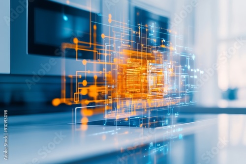 Futuristic kitchen technology with digital interface and glowing circuits, representing innovation in modern home appliances.