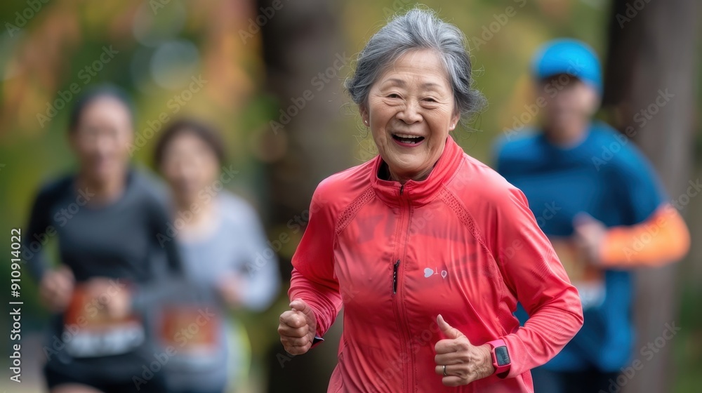 Fototapeta premium An elderly woman runs happily with other participants in a park, celebrating fitness in the autumn season