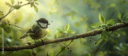 In the forest a tit searches for food at a feeder on a branch creating a picturesque scene with ample copy space image photo