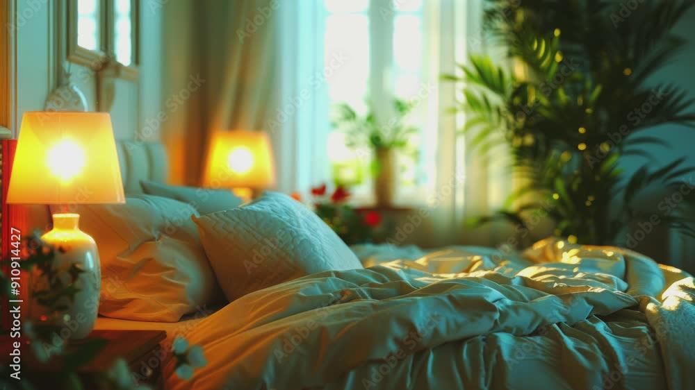 Warm, inviting bedroom with soft bed linens and lamps. Warm, inviting bedroom with soft bed linens and lamps.