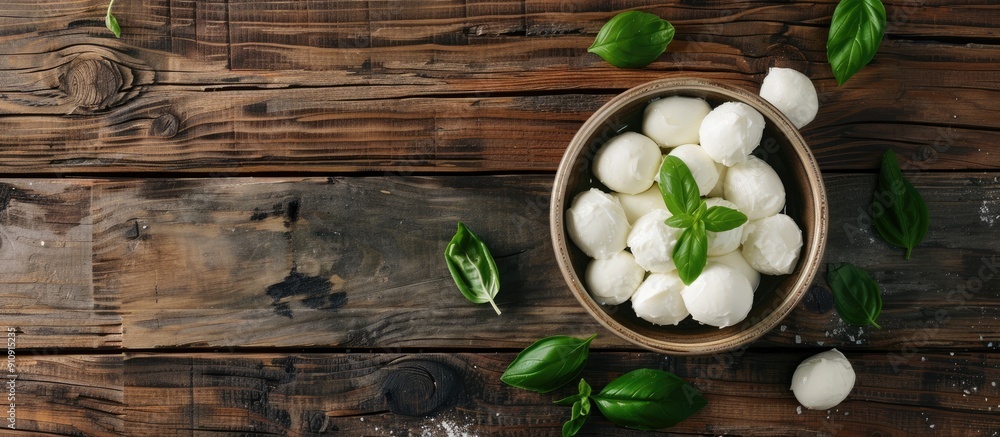 Top view of a wooden table with a bowl containing delicious mozzarella balls and fresh basil leaves with ample space available for text next to the copy space image Top view of a wooden table with a bowl containing delicious mozzarella balls and fresh basil leaves with ample space available for text next to the copy space image