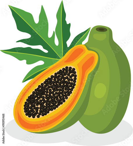 Ripe papaya and green leaf
