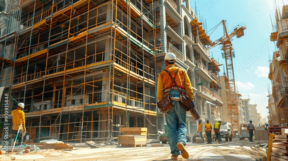 Construction Worker Walking on a Busy Site Construction Worker Walking on a Busy Site