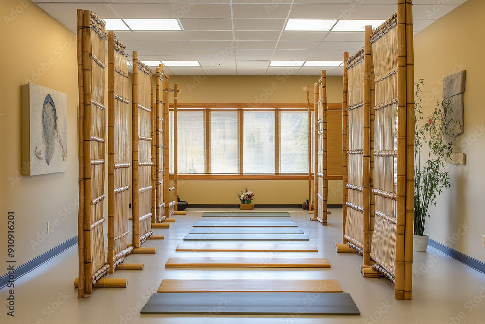 Zen in Arrangement: A Yoga Studio with Bamboo Mat Racks Capturing Serenity Zen in Arrangement: A Yoga Studio with Bamboo Mat Racks Capturing Serenity