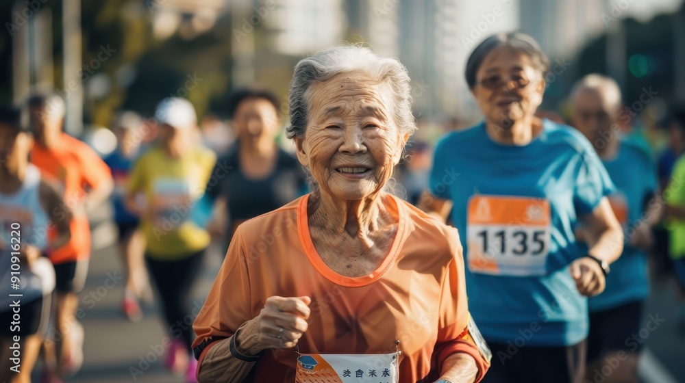 Elderly participants joyfully run in a city marathon, showcasing community spirit and vitality among older adults Elderly participants joyfully run in a city marathon, showcasing community spirit and vitality among older adults