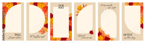 Autumn aesthetics instagram story templates for influencer blog. Place for a photo. Set of vector frames with bright autumn leaves 