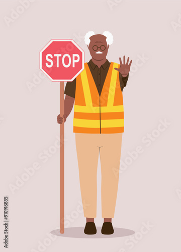One Black Elderly Man In Safety Reflective Vest Working As School Crossing Guard.