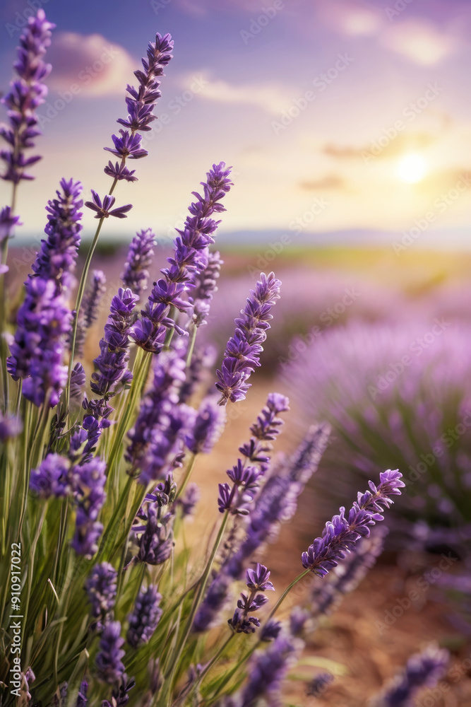 Obraz premium Field of blooming lavender, beautiful sunset light, soft pastel colors, rows of lavender bushes stretching to horizon