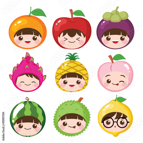 Set of fruits with cute children head cartoon style
