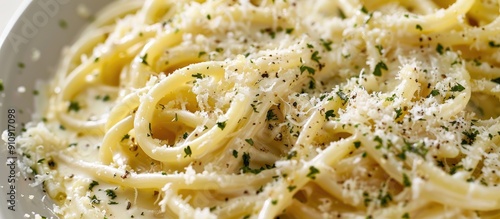 Garlic cream sauce coated spaghetti topped with herbs parmesan cheese and available copy space image photo