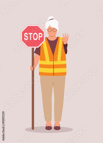 One Elderly Woman In Safety Reflective Vest Working As School Crossing Guard.