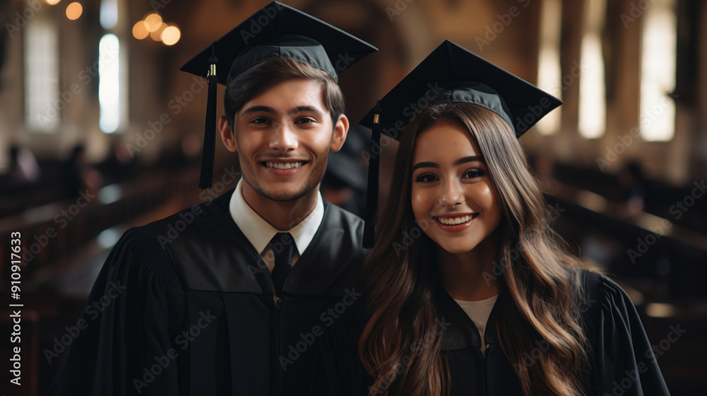 Obraz premium Portrait of a group of smiling excited happy diverse graduate students talking and having fun in a university graduate gown and holding diplomas indoors. Education and graduation concept.