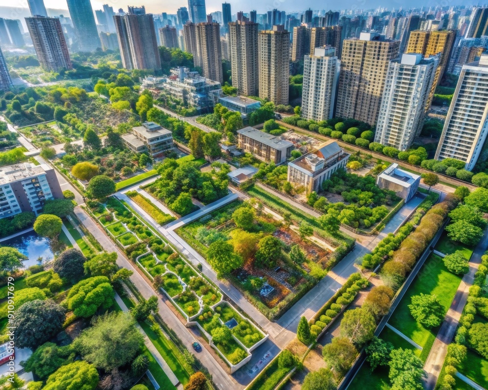 Naklejka premium Aerial view of a sprawling urban jungle with integrated water systems and community gardens, emphasizing modern ecological adaptation and green urbanism.