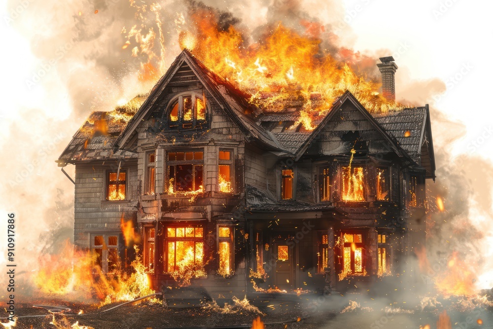 The house is on fire, with firefighters battling the flames. The house is on fire, with firefighters battling the flames.