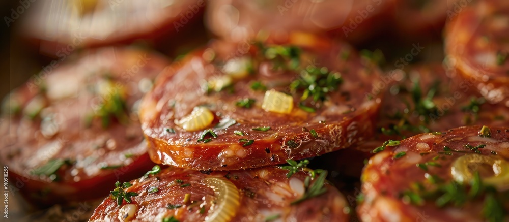 A motion blurred photo of traditional dry cured sausage slices flavored with thyme onion and garlic with ample copy space image A motion blurred photo of traditional dry cured sausage slices flavored with thyme onion and garlic with ample copy space image
