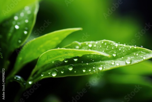 Macro photography of young tea leaves glistening with dew.