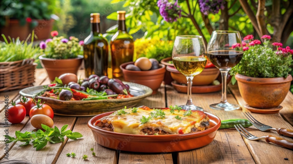 Mesa decorada al aire libre con lasaña al horno, ensalada mediterránea y vino tinto, rodeada de flores y plantas. Mesa decorada al aire libre con lasaña al horno, ensalada mediterránea y vino tinto, rodeada de flores y plantas.