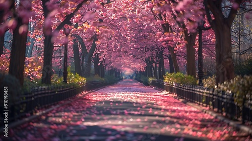 A solo stroll through Central Park, New York City, during a vibrant spring day, with cherry blossoms in full bloom, lush greenery, and the distant sounds of the city. DSLR, wide-angle lens,