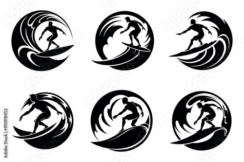 Man Surfing On Big Waves Logo Vector Icons Symbol Design Illustration, Silhouette logo design template black and white