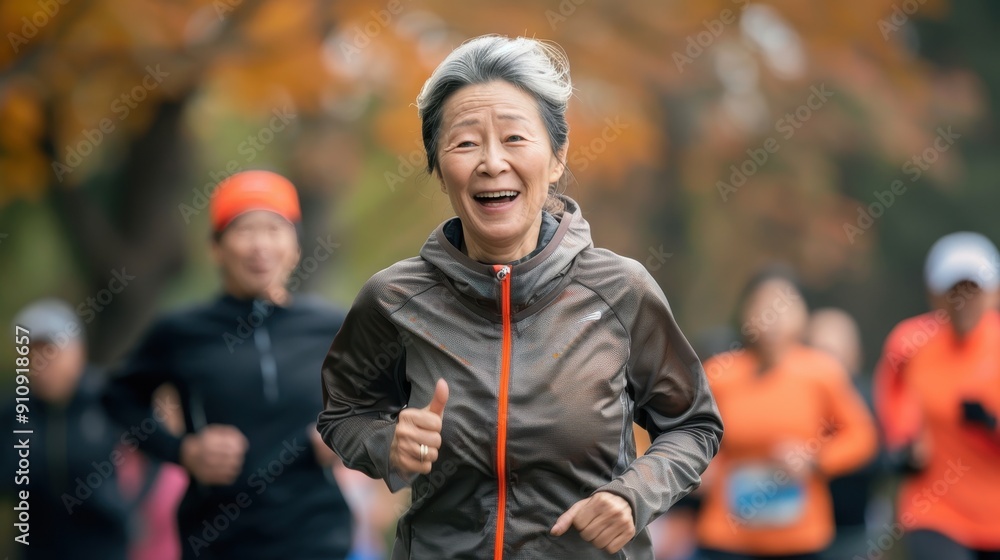 An older woman joyfully participates in a charity running event surrounded by autumn colors An older woman joyfully participates in a charity running event surrounded by autumn colors
