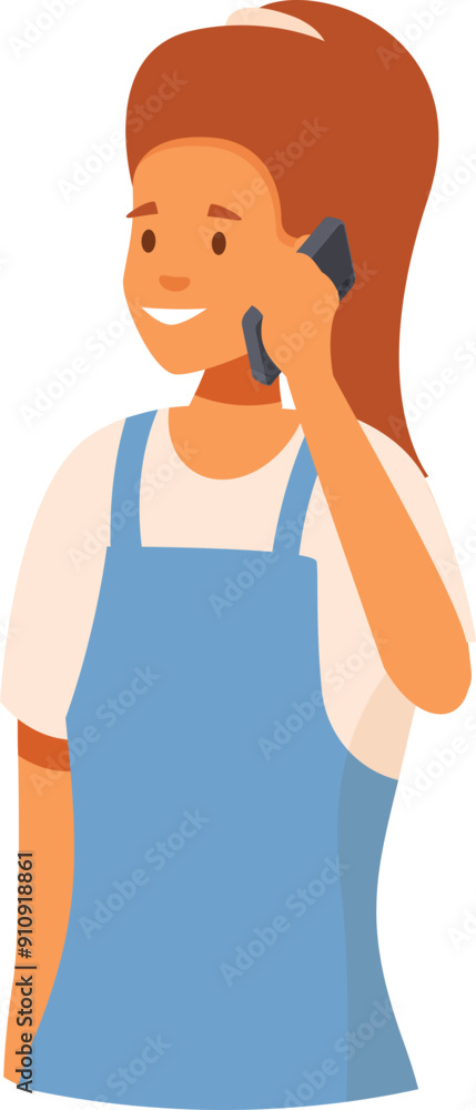 Friendly cashier is using a mobile phone, wearing a blue apron Friendly cashier is using a mobile phone, wearing a blue apron