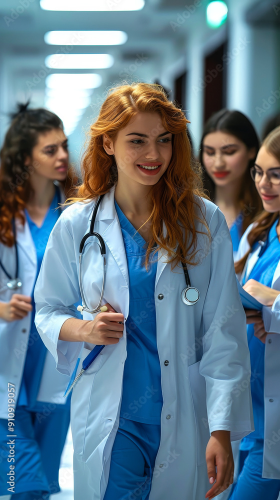 Group of Medical Students in Scrubs Walking Down University Corridor, Daytime, Smiling and Discussing, Teamwork and Healthcare Education Concept Group of Medical Students in Scrubs Walking Down University Corridor, Daytime, Smiling and Discussing, Teamwork and Healthcare Education Concept